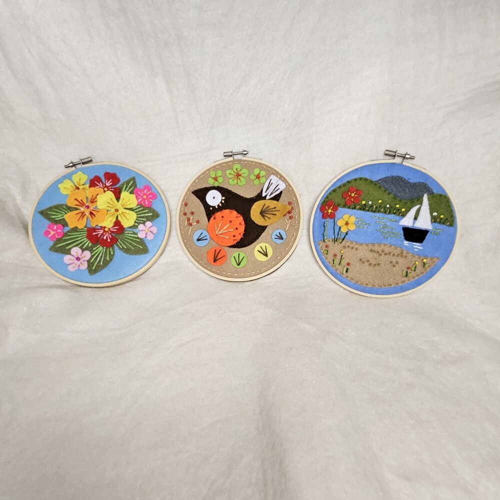 Vintage Handmade Framed Needlepoint Felt  Set of 3 Flowers Bird Sailboat Art